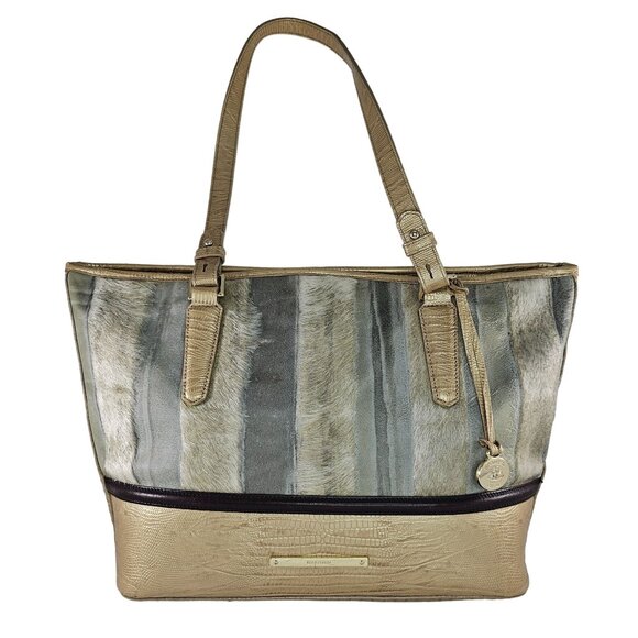 Brahmin Medium Classy Asher Leather Shoulder Tote Bag Gold Tones Calf Hair